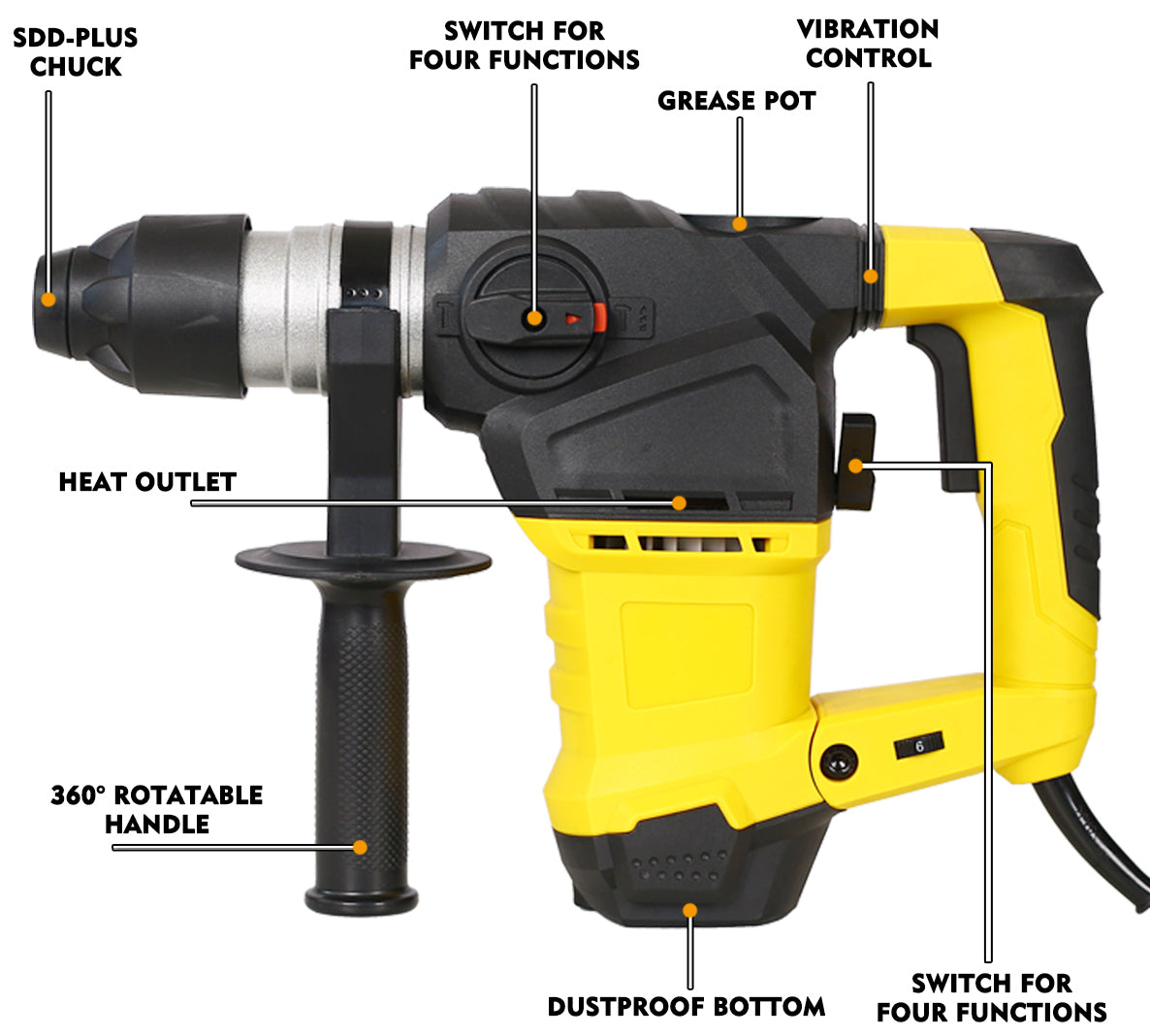 Professioinal Quality 1-1/4 SDS-Plus Heavy Duty Rotary Hammer Drill 13 Amp - Vibration Control, 3 Functions