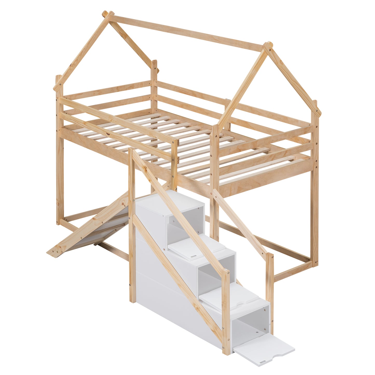 Twin House Loft Bunk Bed with Slide, Staircase, and Storage for Kids, Natural