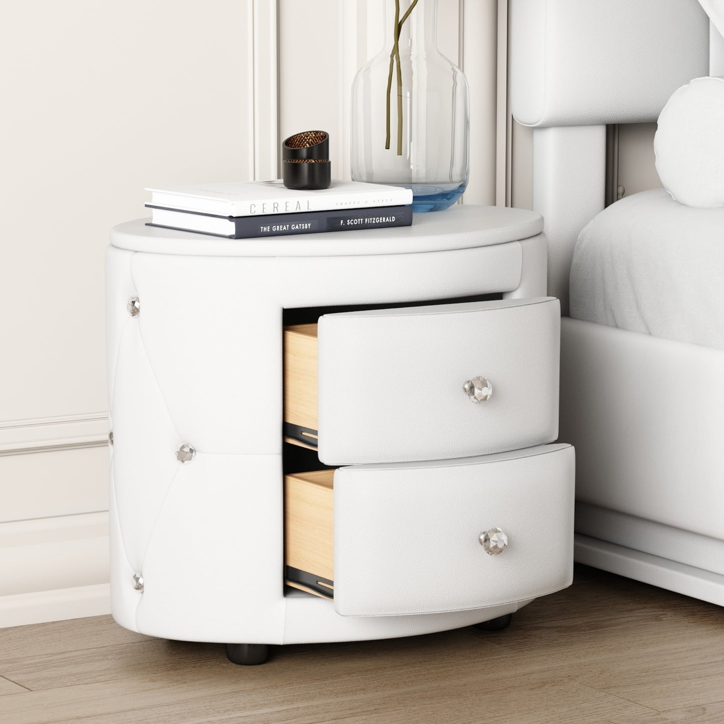 Elegant PU Nightstand with 2 Drawers and Crystal Handle,Fully Assembled Except Legs&Handles,Storage Bedside Table - White