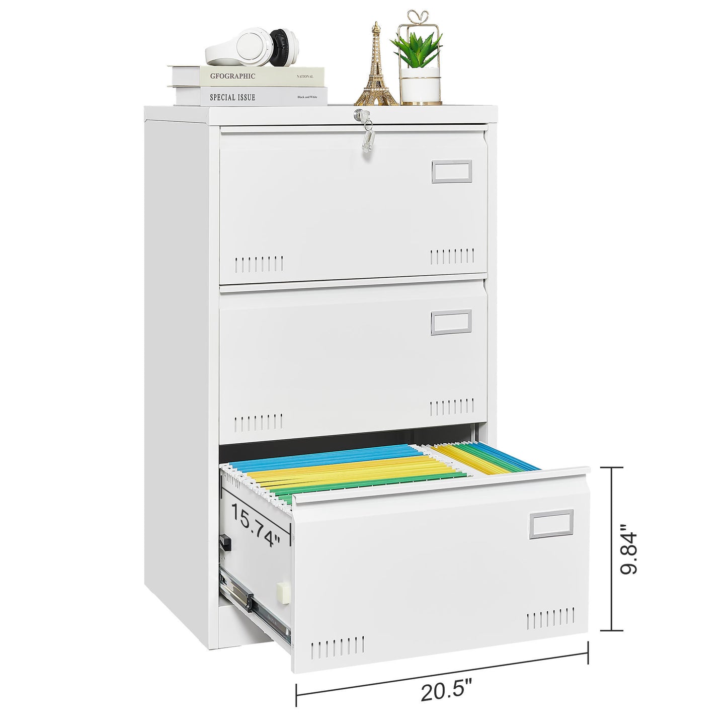 Lockable White Metal 3-Drawer Lateral File Cabinet for Office