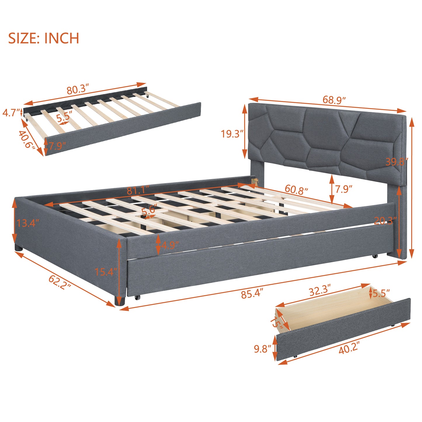 Queen Size Upholstered Platform Bed with Brick Pattern Headboard, with Twin XL Size Trundle and 2 drawers, Linen Fabric, Gray