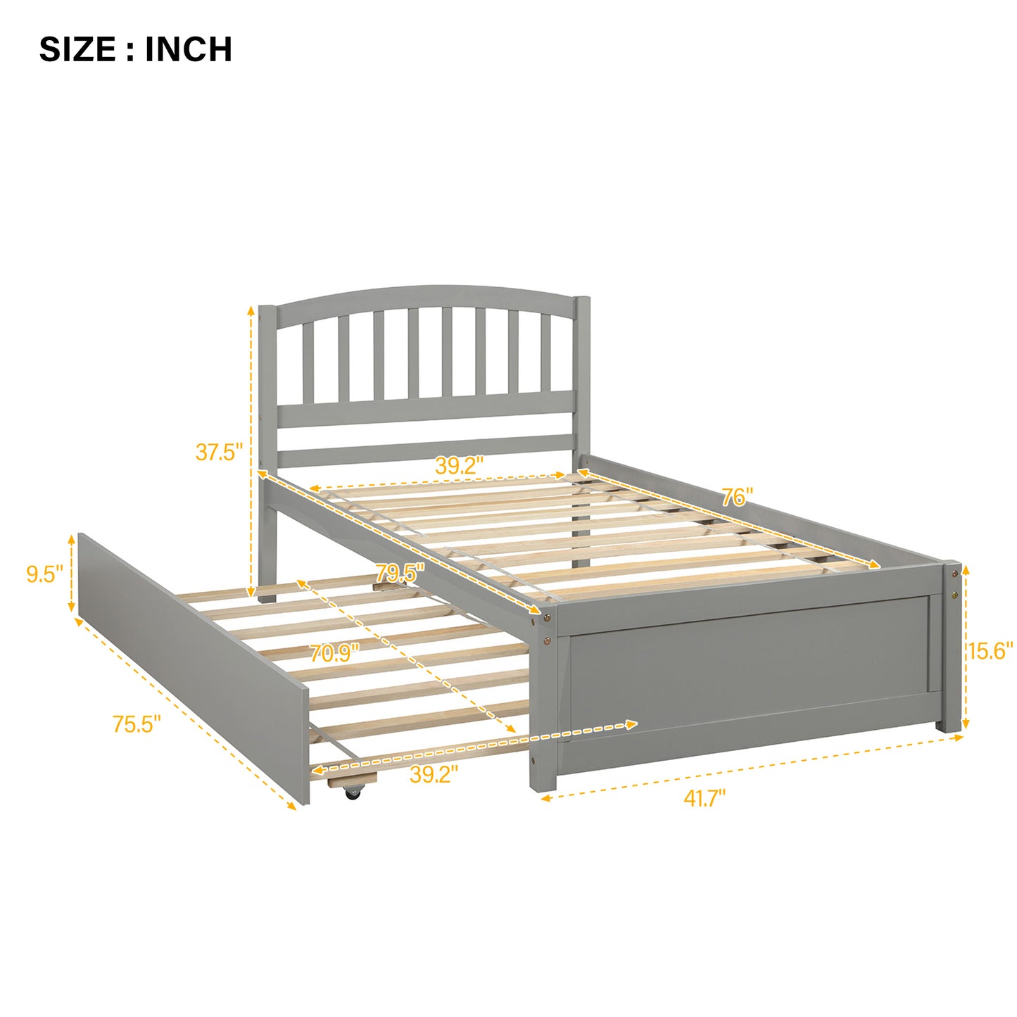 Twin size Platform Bed Wood Bed Frame with Trundle, Gray