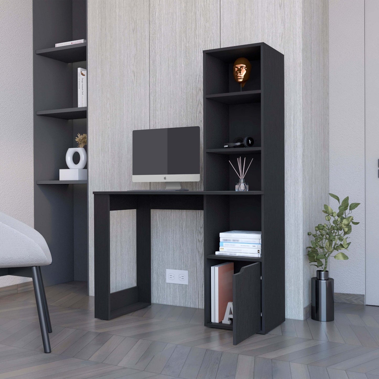 Modern Black Computer Desk with 4-Tier Bookcase and Cabinet