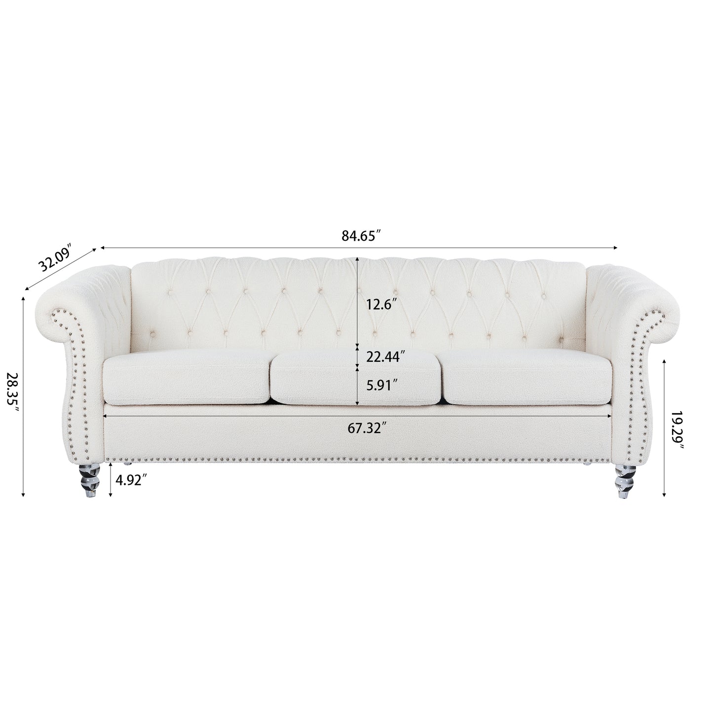 84.65-Inch Rolled Arm Chesterfield 3 Seater Sofa