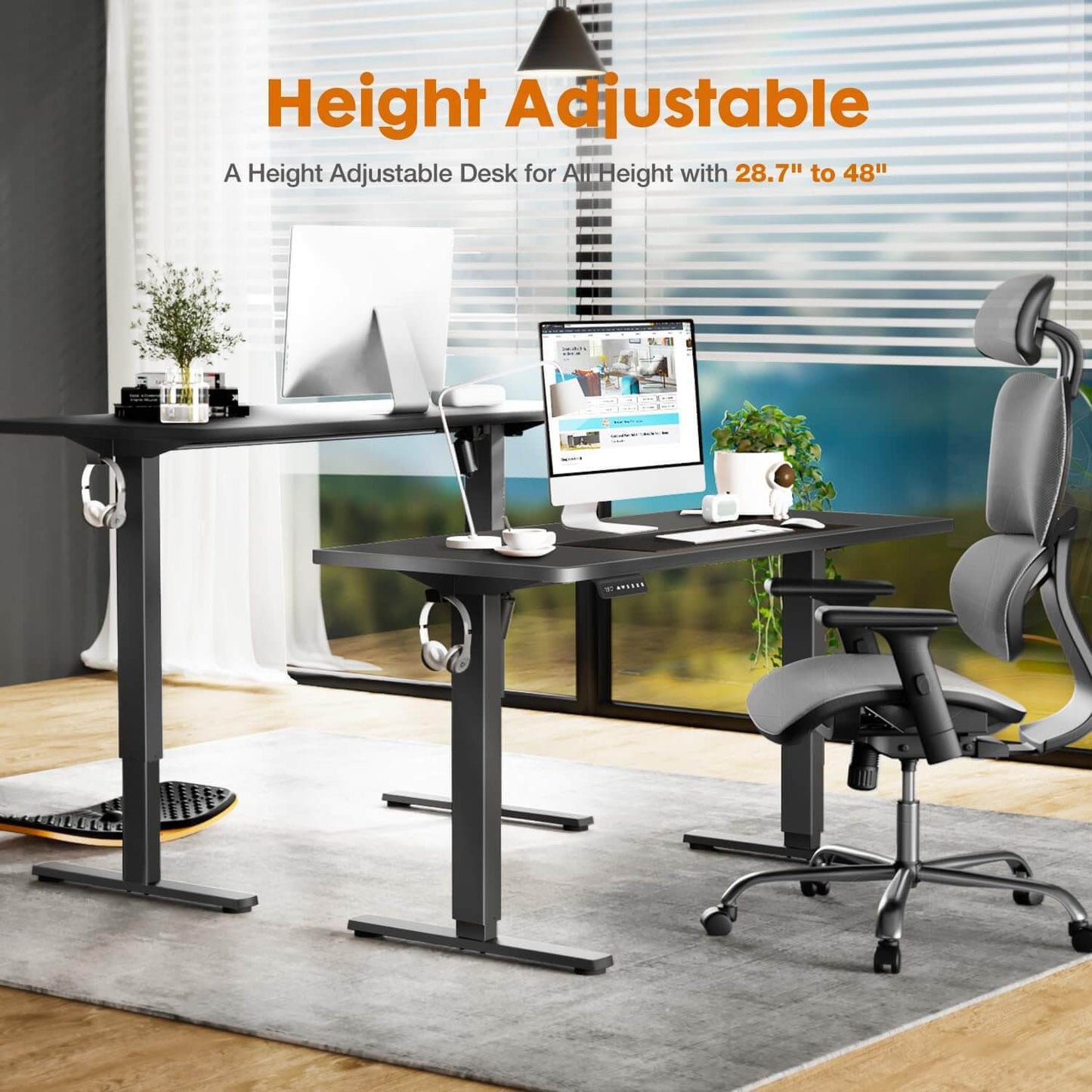 Adjustable Electric Standing Desk with Silent Motor and Storage Hooks, Black, 40'' x 24