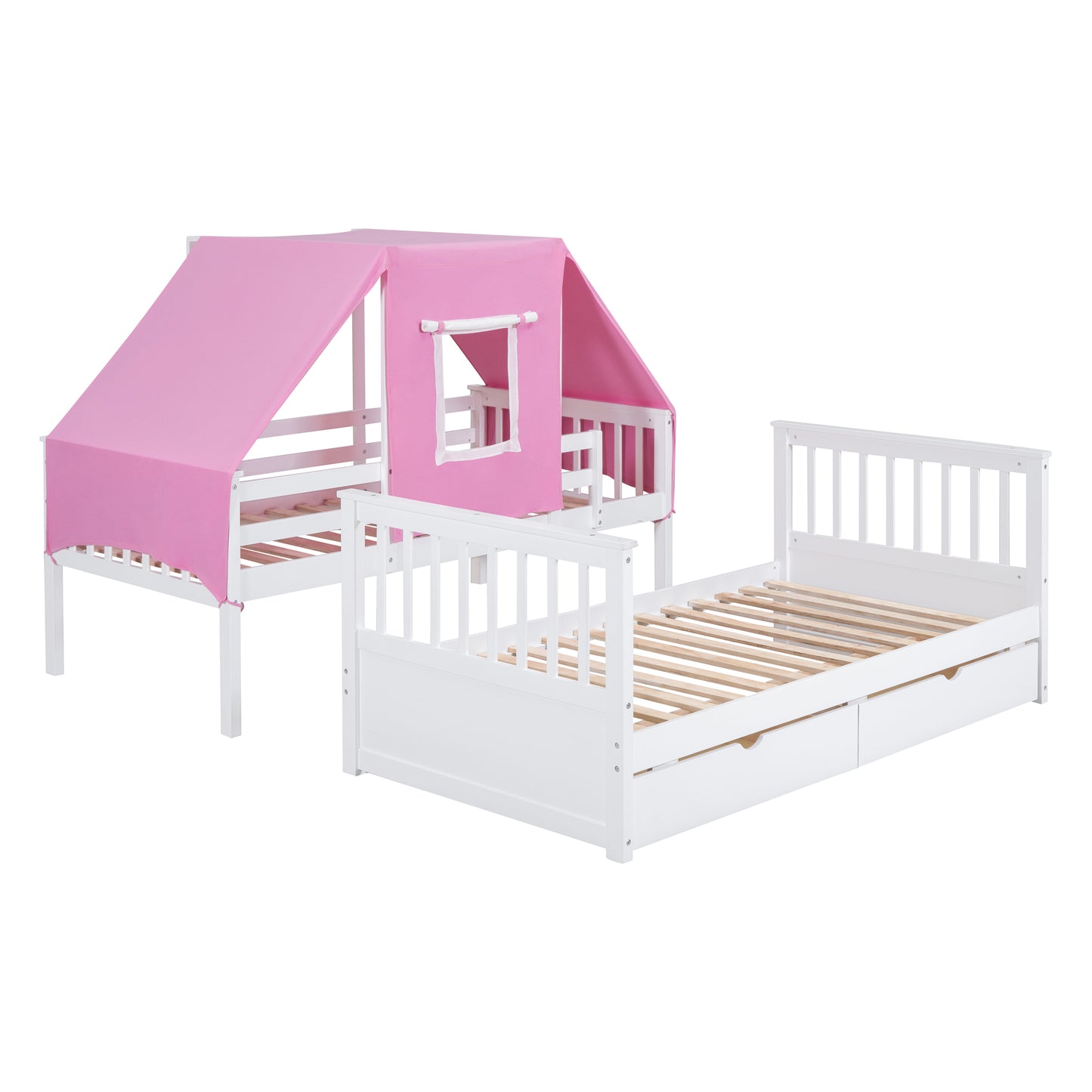 White and Pink Spacious Twin Bunk Bed with Playful Tent and Storage