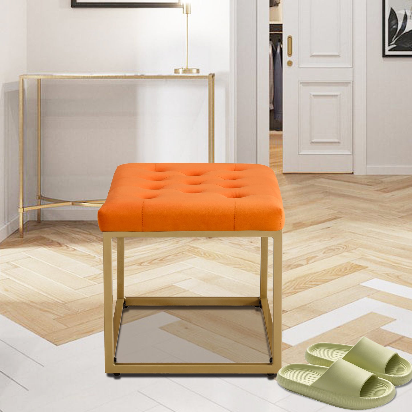 Chair Velvet Shoe Changing Stool, Orange Footstool, Square Vanity Chair, Sofa stool,Makup Stool .Vanity Seat ,Rest stool. Piano Bench .Suitable for Clothes Shop,Living RoomST-001-OR