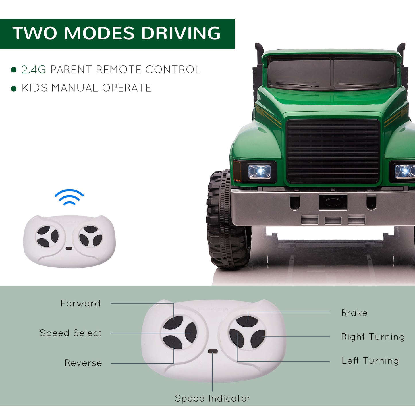 Aosom Ride-on Tractor 2-Seater Battery-Powered Car for Kids with Large High-Traction Wheels, 12V Truck Ride-on Toy with Rear Storage, Outdoor Toy, Green