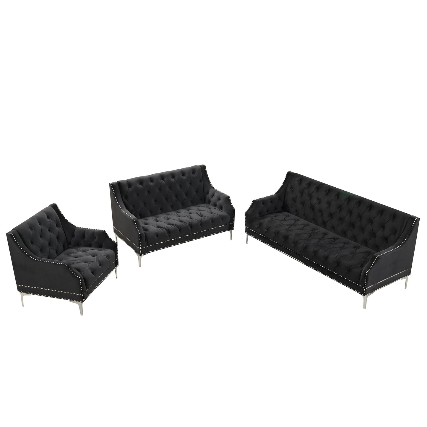 Modern three-piece sofa set with metal legs, buttoned tufted backrest, frosted velvet upholstered sofa set including three-seater sofa, double seater and living room furniture set Single chair