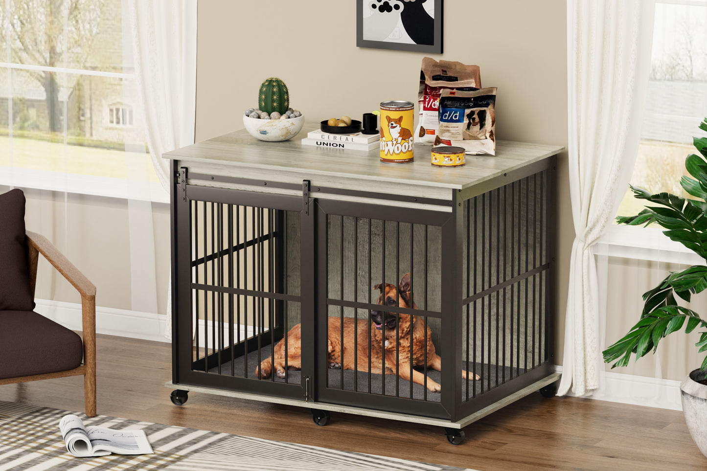 Furniture dog crate sliding iron door dog crate with mat. (Grey,43.7''W x 30''D x 33.7''H)