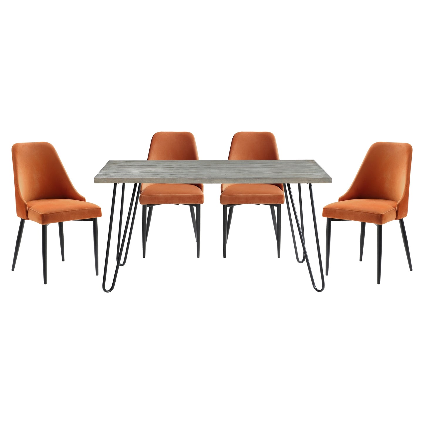 Modern Sleek Design 5pc Dining Set Table and 4x Side Chairs Orange Velvet Casual Metal Frame Stylish Dining Furniture