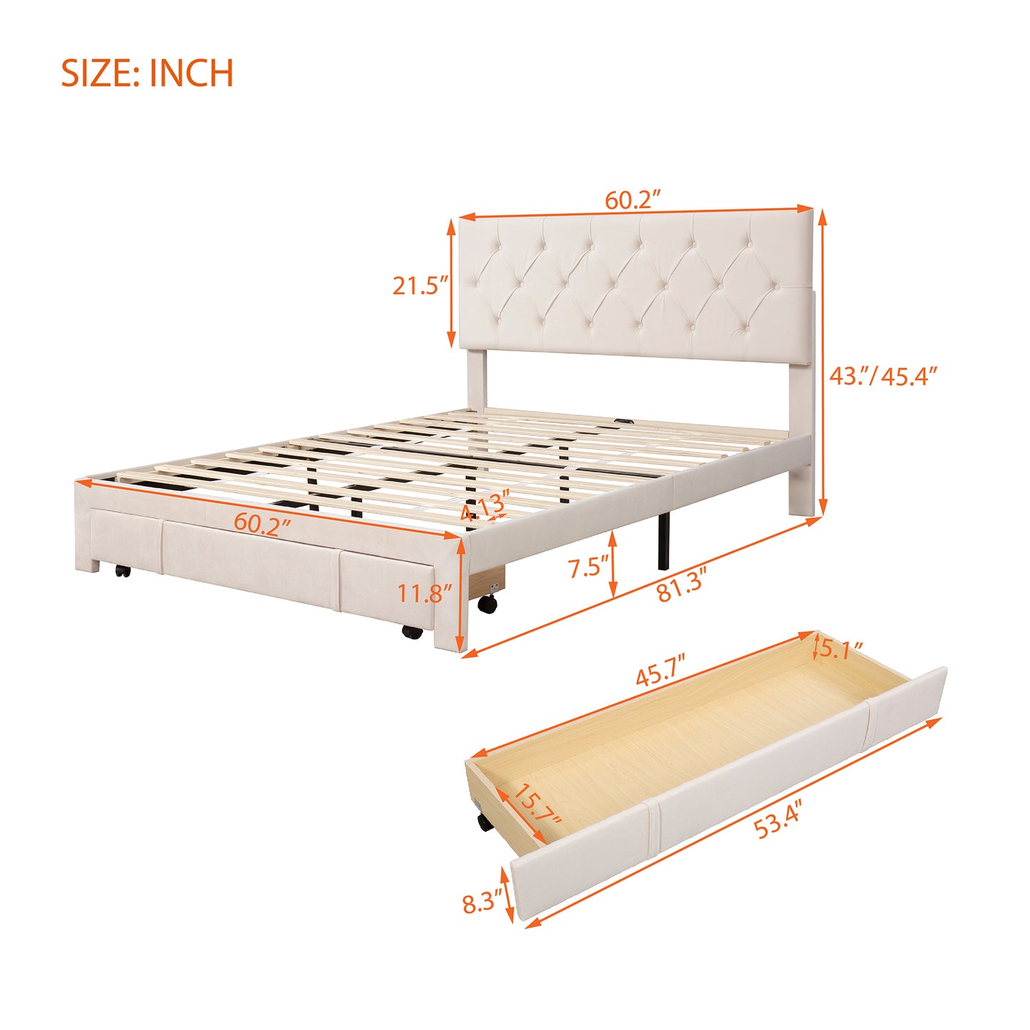 Queen Size Storage Bed Velvet Upholstered Platform Bed with a Big Drawer - Beige