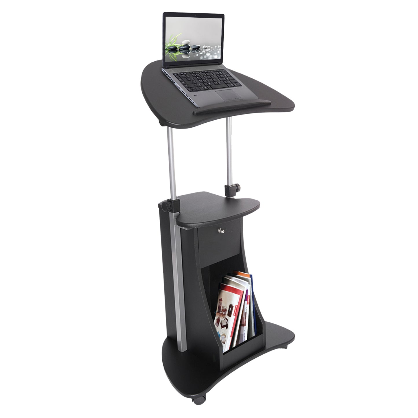 Adjustable Rolling Laptop Cart with Sit-to-Stand Function and Black Storage Shelf