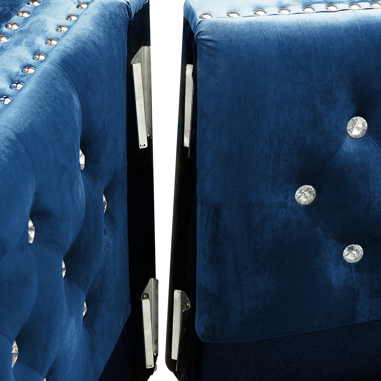 Blue Modern Velvet Sofa with Jeweled Buttons and Tufted Square Arms, 2 Pillows Included