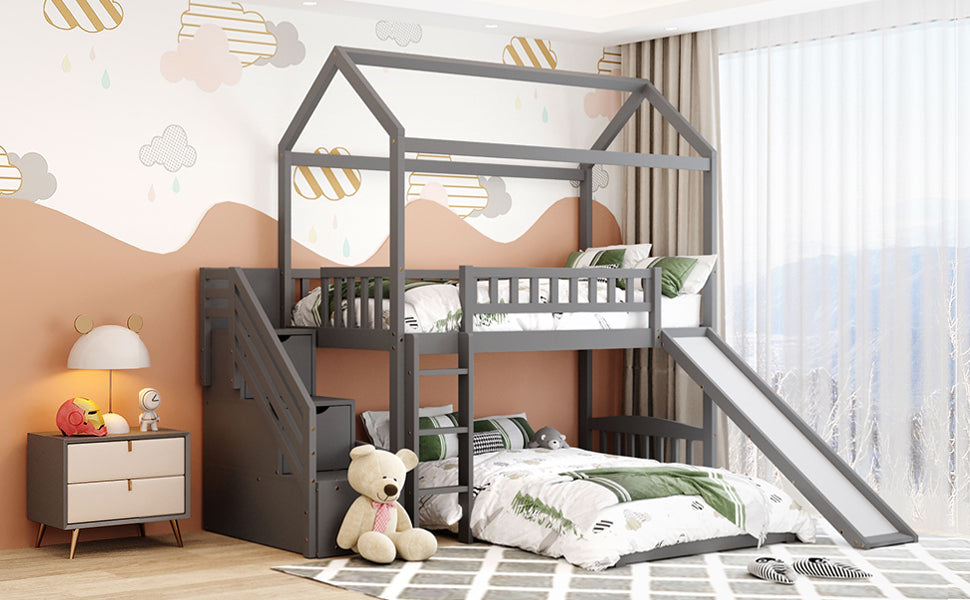 White House Design Twin Over Twin Bunk Bed with Slide and Storage Steps