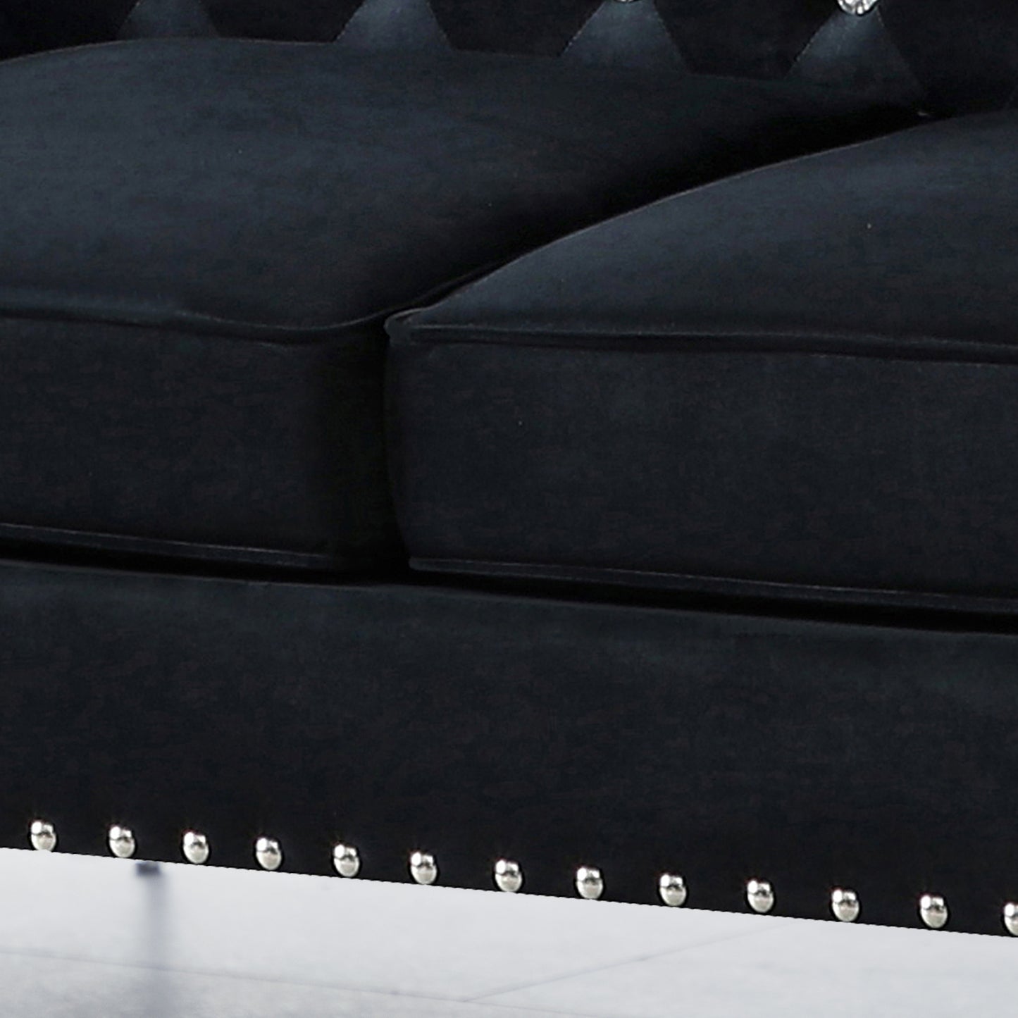 Modern Black Velvet Sofa with Jeweled Buttons and Tufted Square Arms, Including 2 Pillows