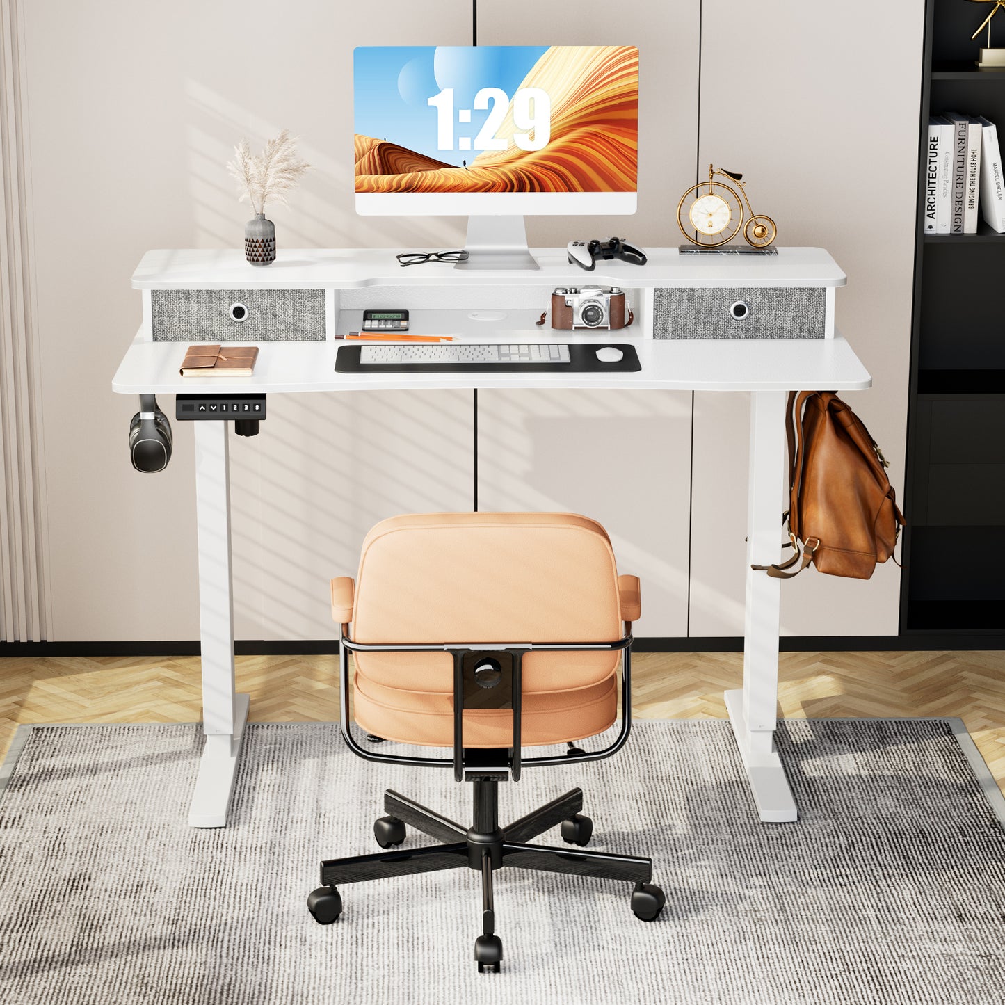 Height Adjustable Electric Standing Desk with Monitor Stand, Double Drawer Storage, and Powerful Motor