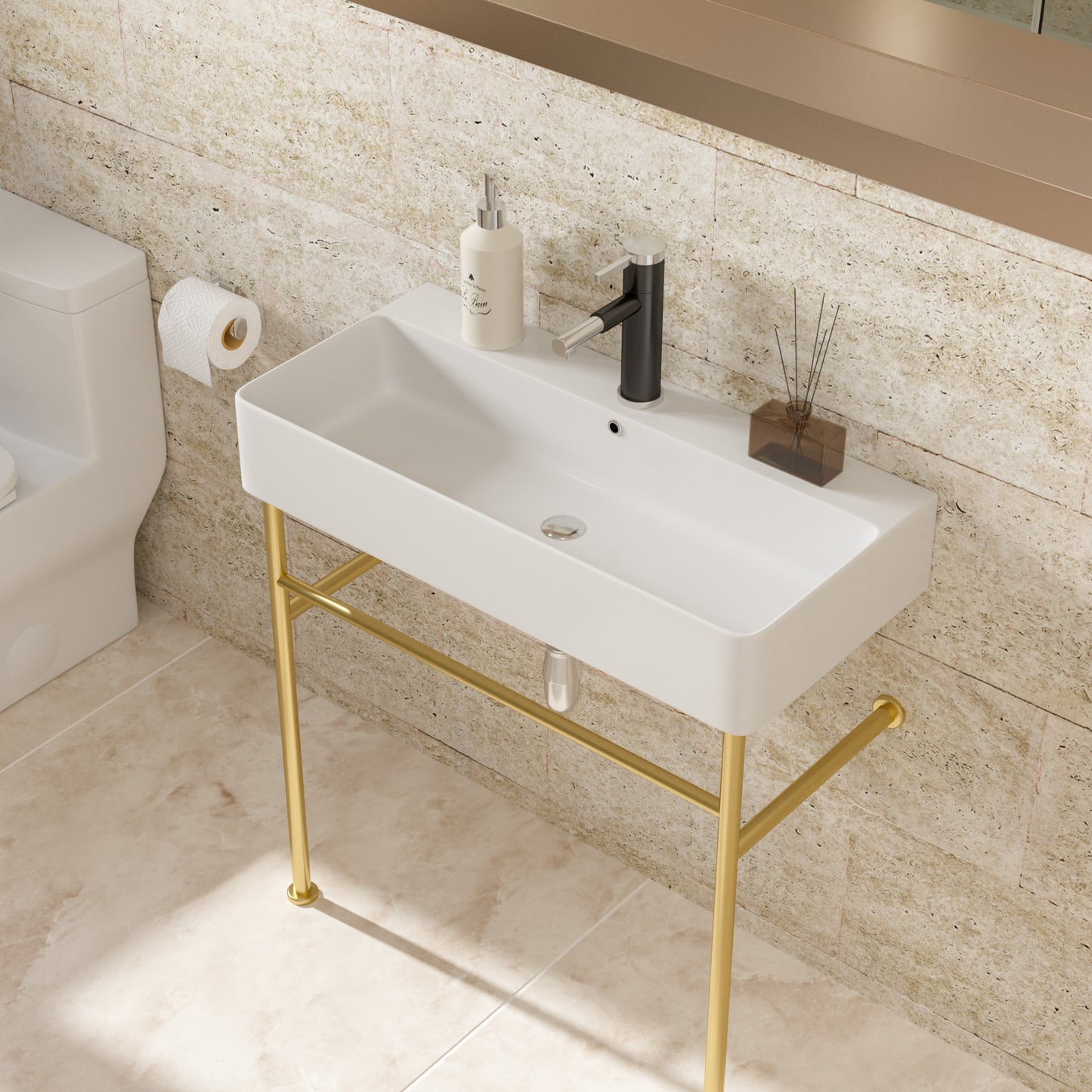 35" Bathroom Console Sink with Overflow,Ceramic Console Sink White Basin Gold Legs