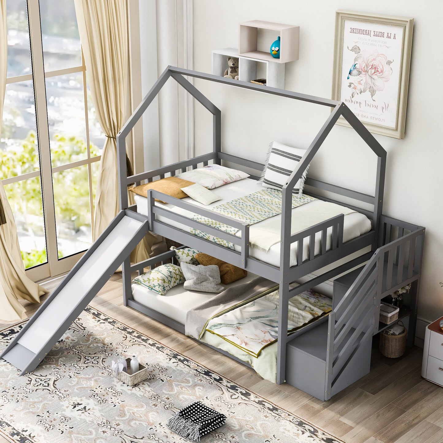 House Bunk Bed with Twin Over Twin Convertible Slide, Storage Staircase, and Gray Finish