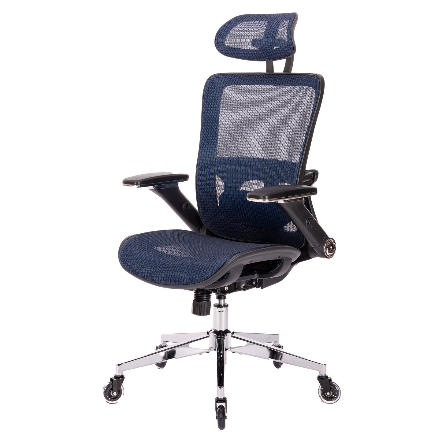 BLUE Ergonomic Mesh Office Chair, High Back - Adjustable Headrest with Flip-Up Arms, Tilt and lock Function, Lumbar Support and blade Wheels, KD chrome metal legs