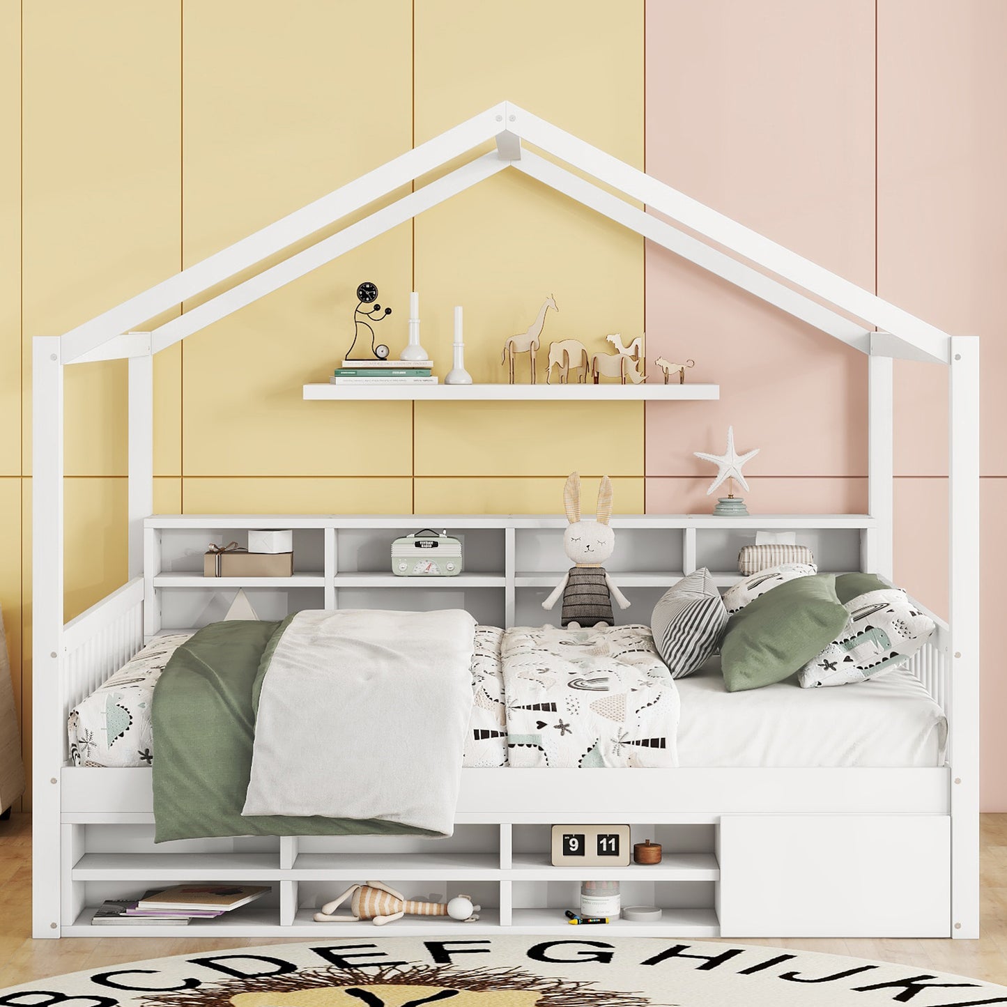 Full Size Wooden House Bed with Shelves and a Mini-cabinet, White