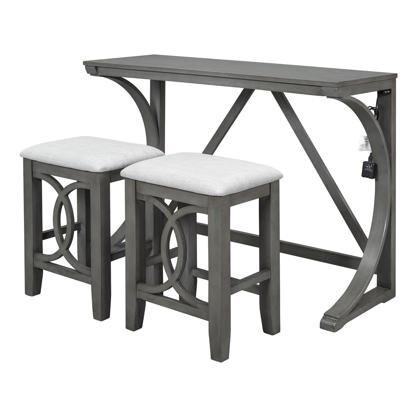 Farmhouse 3-Piece Counter Height Dining Table Set with USB Port and Upholstered Stools,Gray