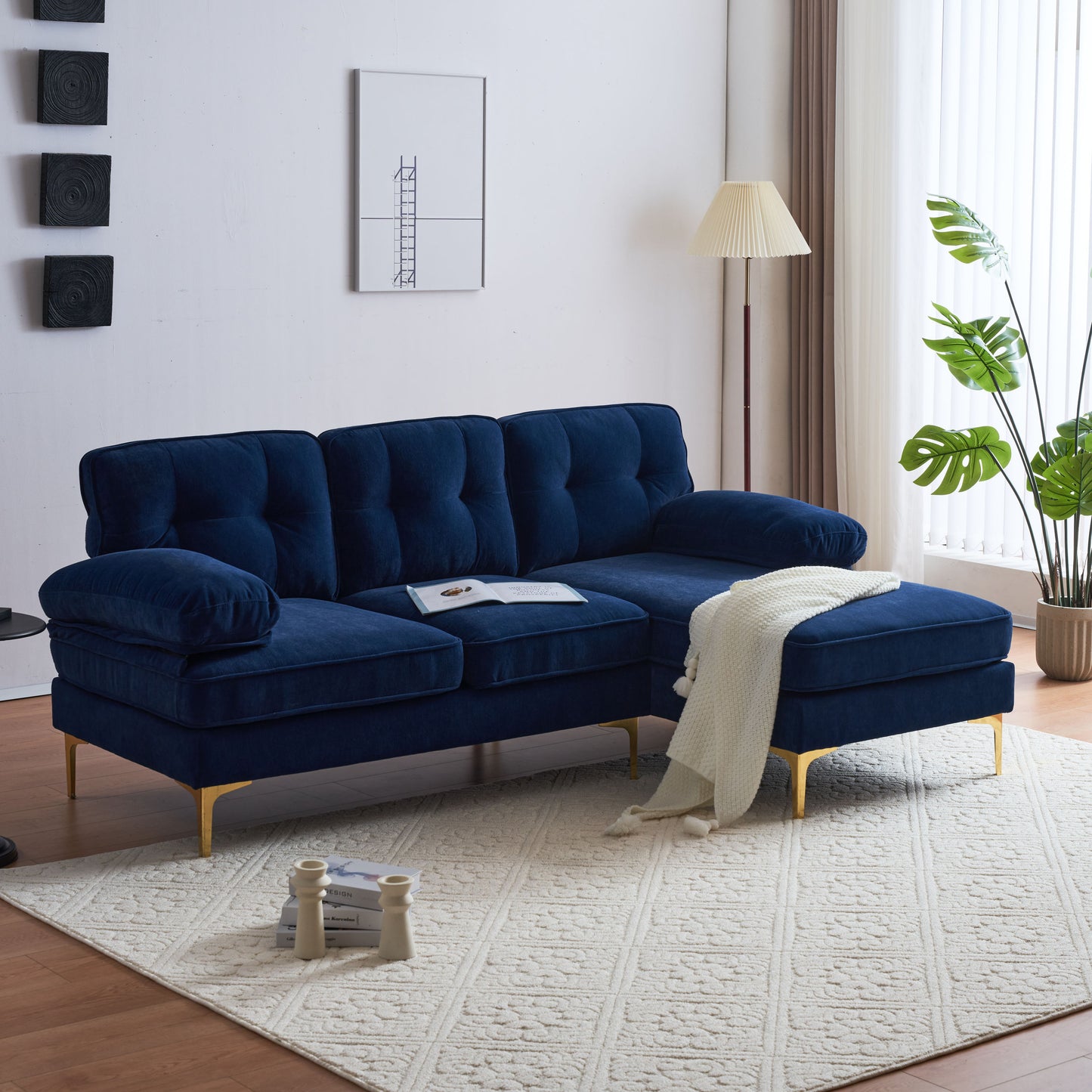 83 Blue Velvet L-Shaped Sectional Sofa with Mid-Century Modern Vibes