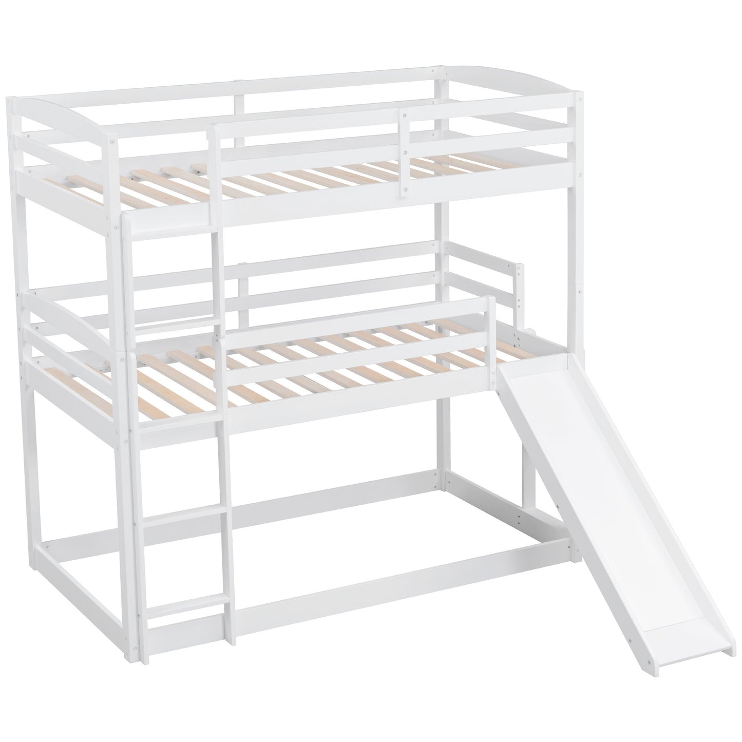 Innovative White Triple Bunk Bed with Slide, Ladder, and Vertical Space Optimization