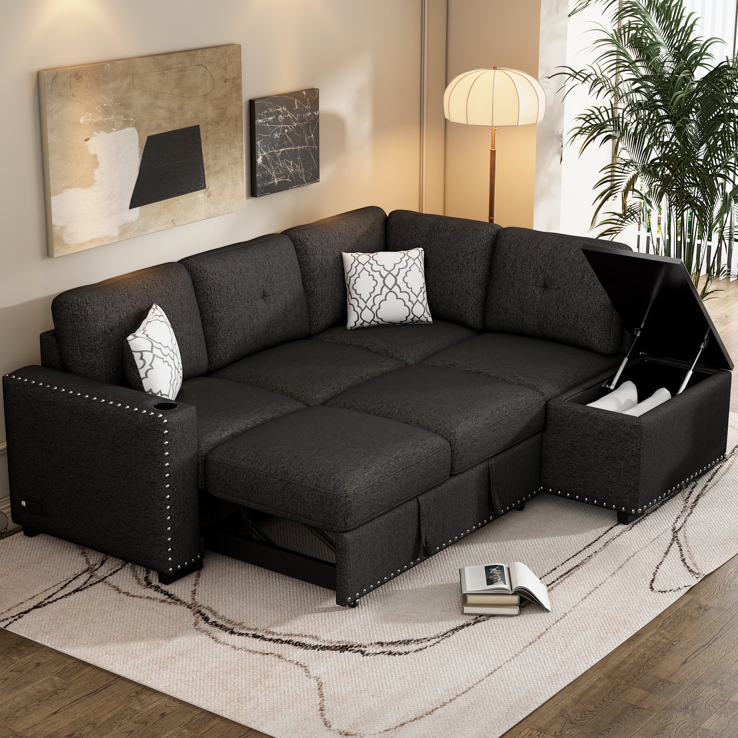 83.8 L-Shaped Reversible Sectional Sleeper Sofa with Cup Holder and USB Ports, Black