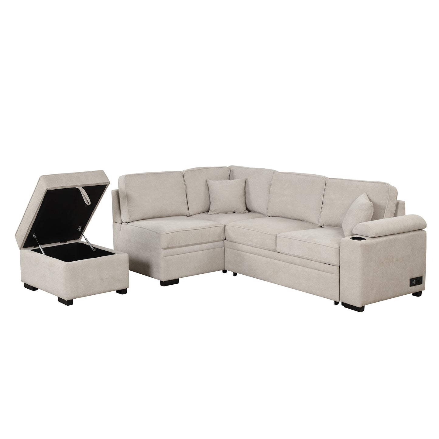 87.4 Beige L-Shape Sleeper Sofa Bed with Storage Ottoman