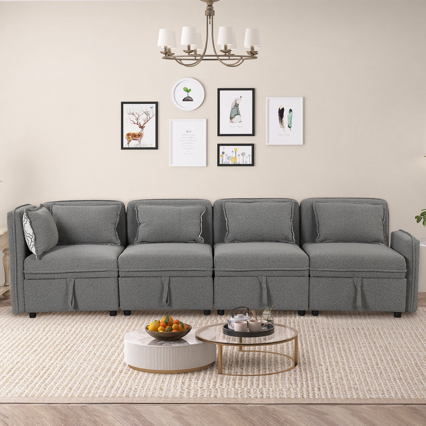 Convertible Modular Minimalist Sectional Sofa with Storage and 5 Pillows