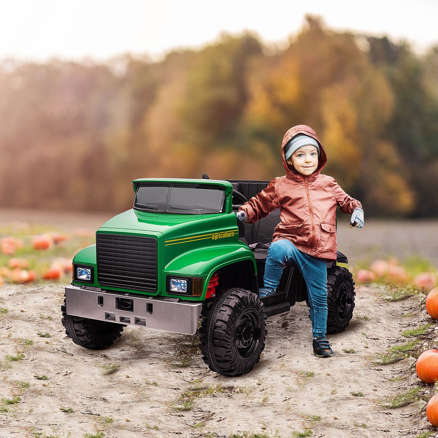 Aosom Ride-on Tractor 2-Seater Battery-Powered Car for Kids with Large High-Traction Wheels, 12V Truck Ride-on Toy with Rear Storage, Outdoor Toy, Green