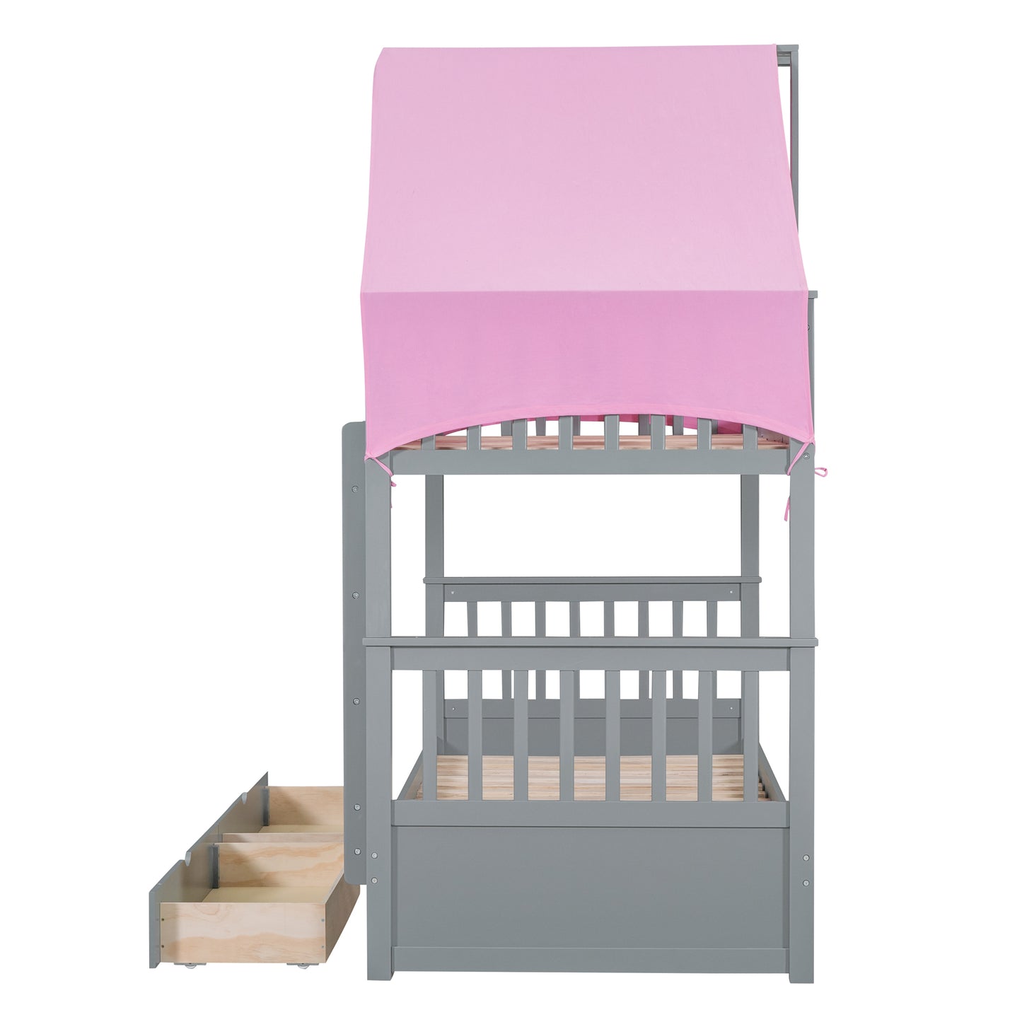 Gray and Pink Twin Over Twin Bunk Bed with Tent and Drawers for a Playful Bedroom Environment