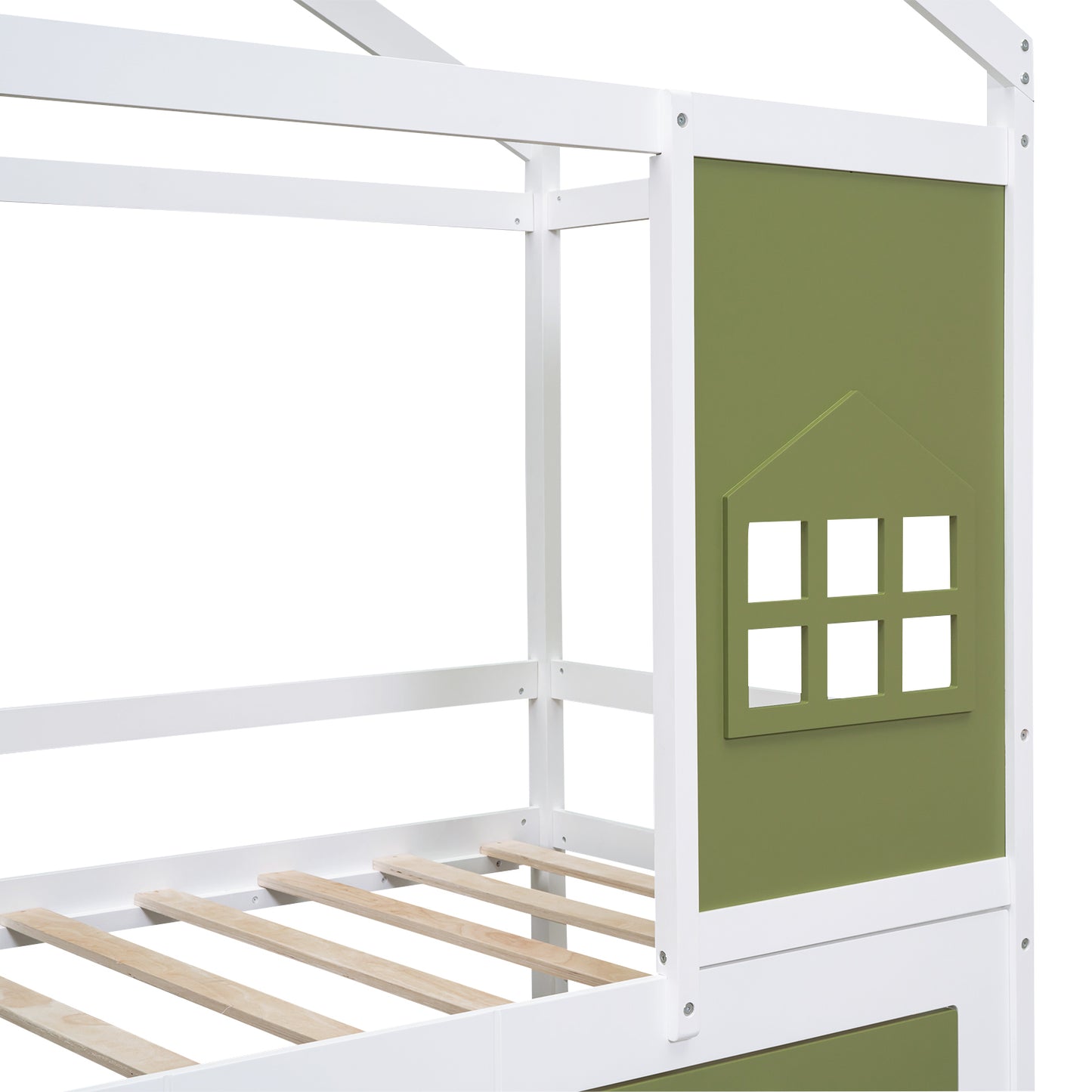 Twin Size Wood House Bed with 2 Drawers and Window Decoration, White+Olive Green