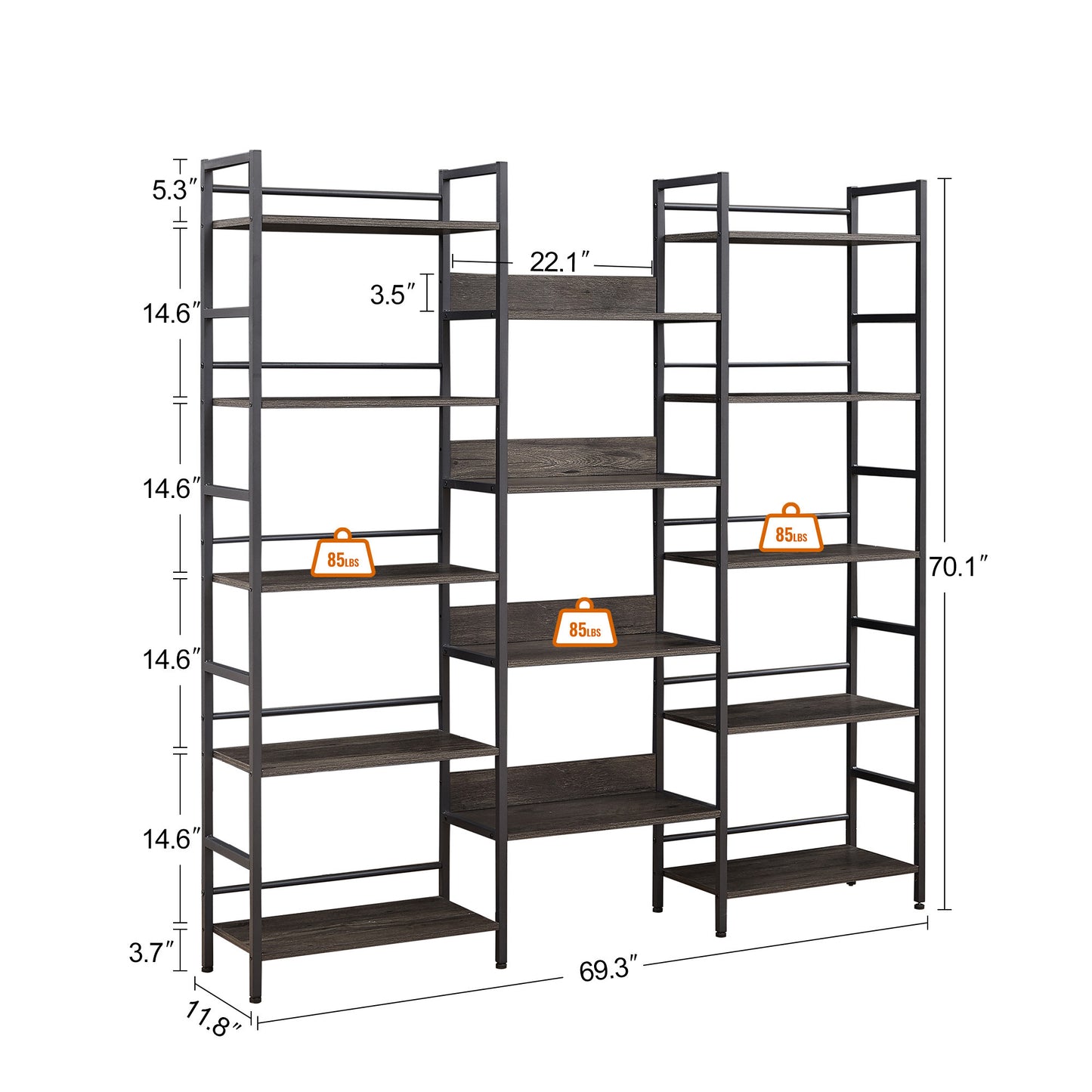 Triple Wide 5-shelf Bookshelves Industrial Retro Wooden Style Home and Office Large Open Bookshelves, Dark Grey, 69.3’’W x 11.8’’D x 70.1’’H