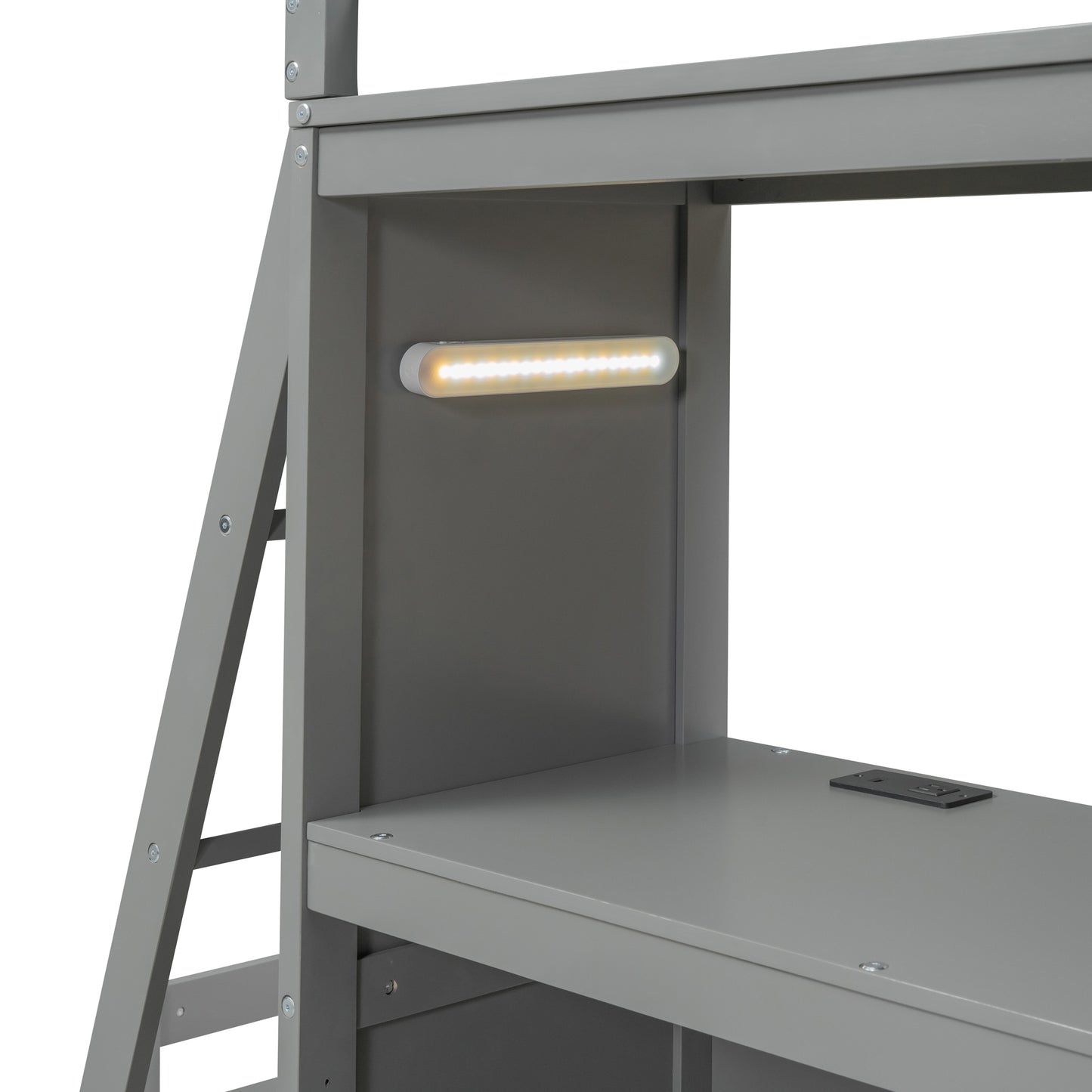 Twin Over Twin Gray Bunk Bed with LED Light, USB Ports, and Storage Space