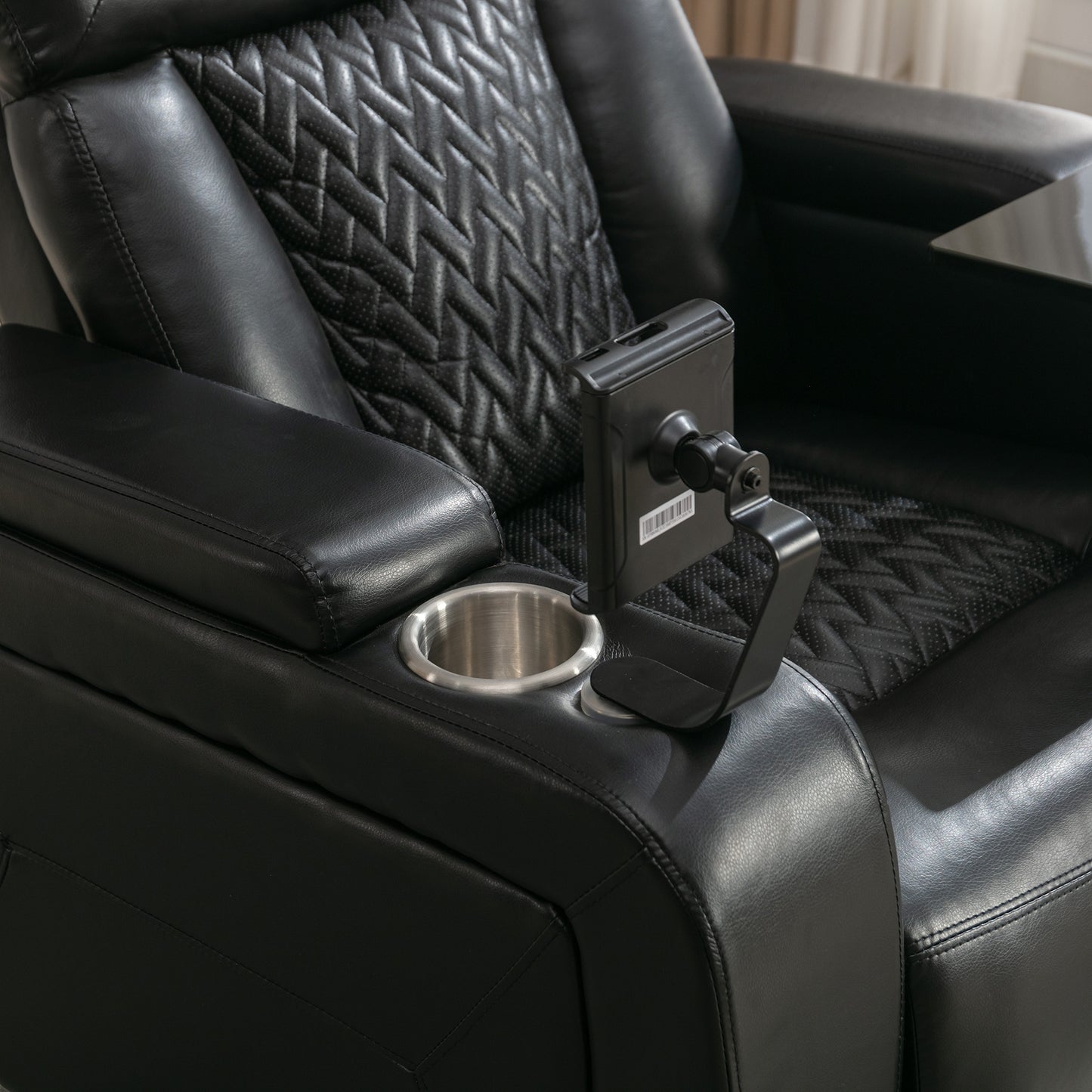 Luxury Black Swivel Recliner Chair with Tray Table, Phone Holder, and USB Port