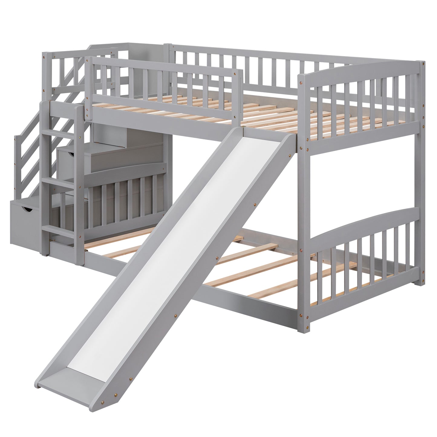 Stairway Twin Bunk Bed with Slide, Drawers, and Gray Finish