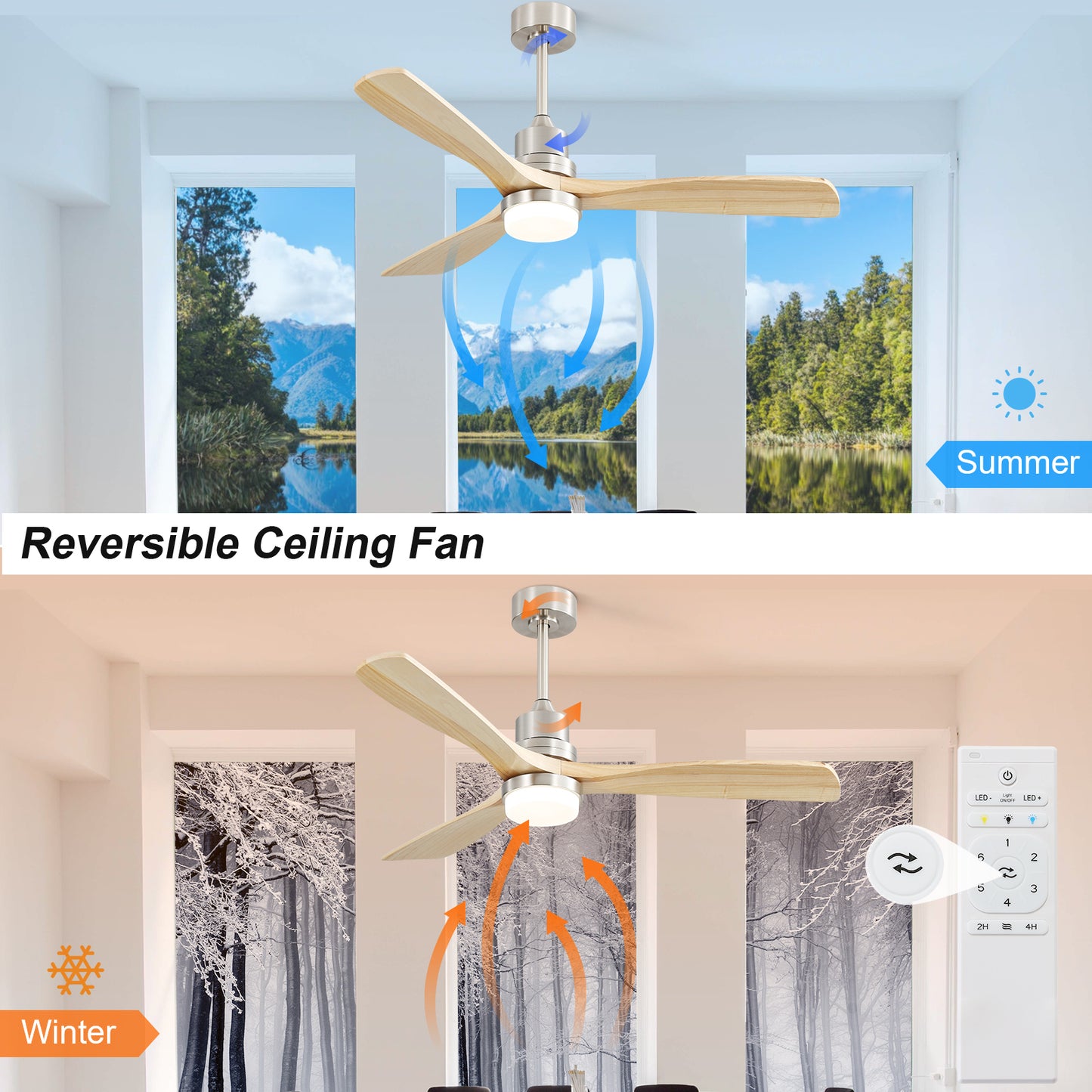 52 Reversible Wood Blade Ceiling Fan with Dimmable LED Light & Remote Control