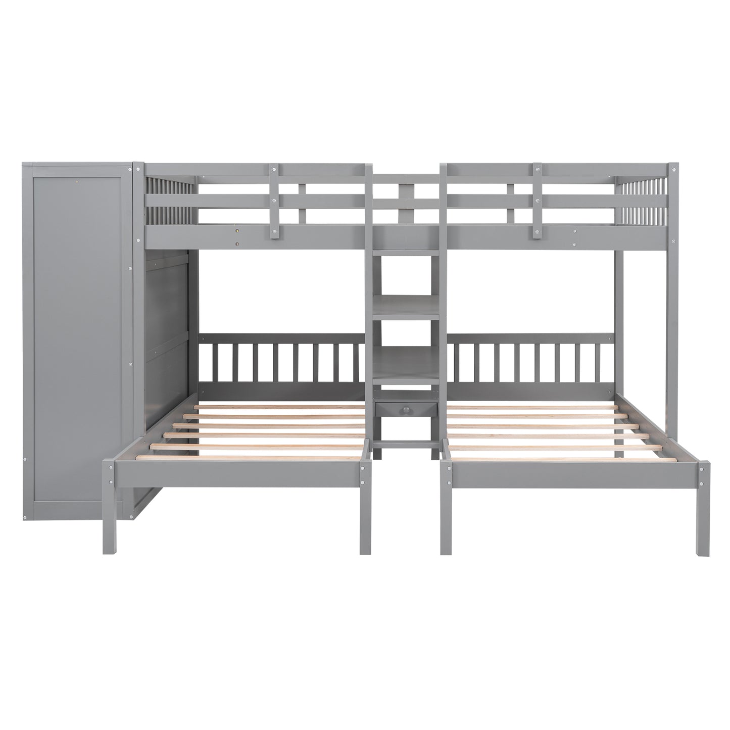 Gray Twin-Twin over Full Bunk Bed with Shelves, Wardrobe, Mirror