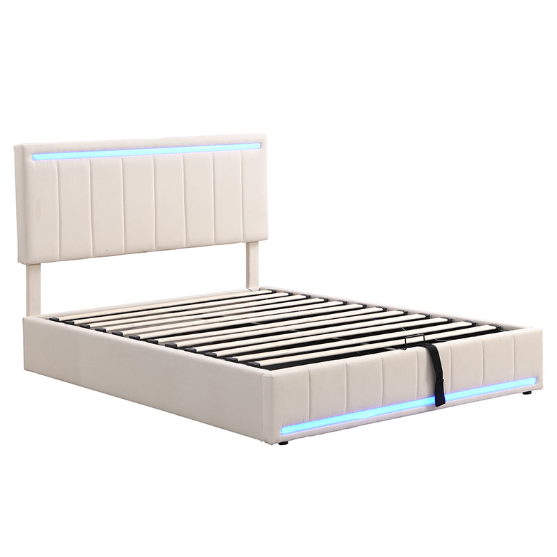 Full Size Upholstered Platform Bed with Hydraulic Storage System, LED Light, and a set of USB Ports and Sockets, Linen Fabric, Beige