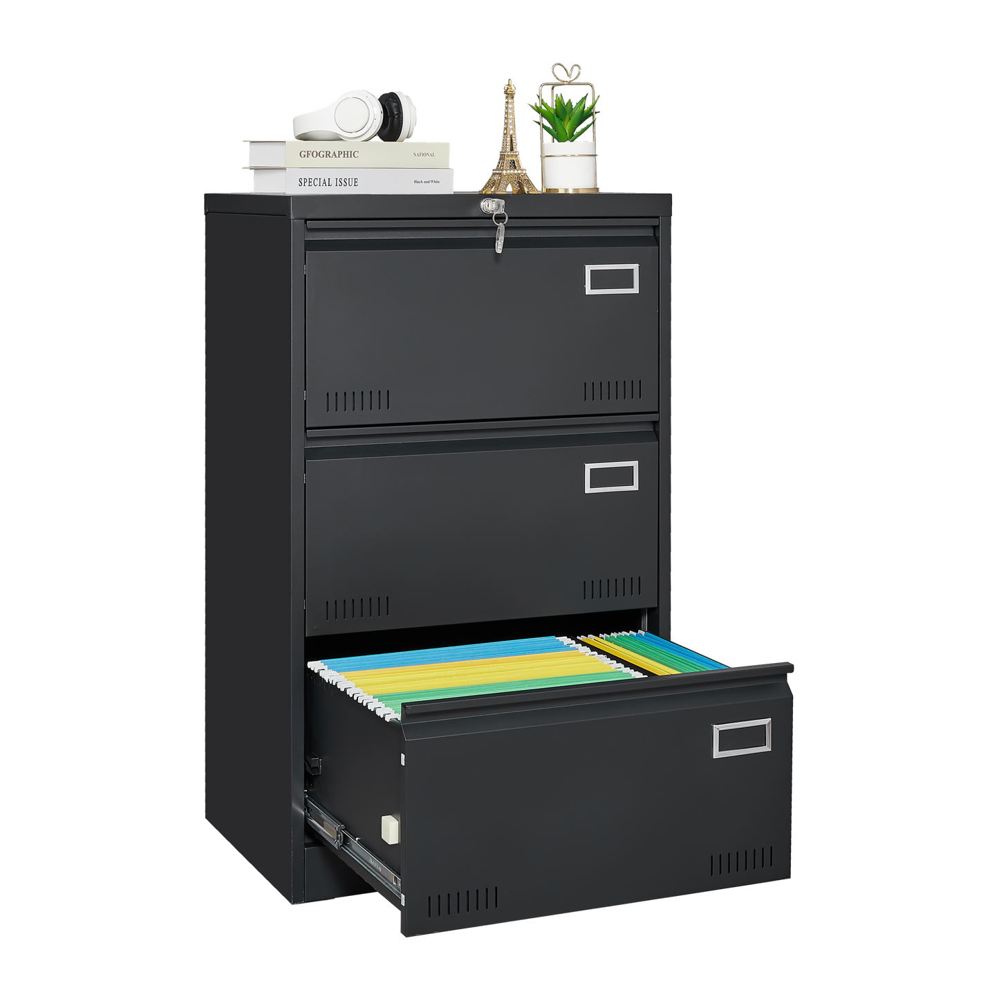 3-Drawer Black Metal Lateral File Cabinet with Lock for Home Office