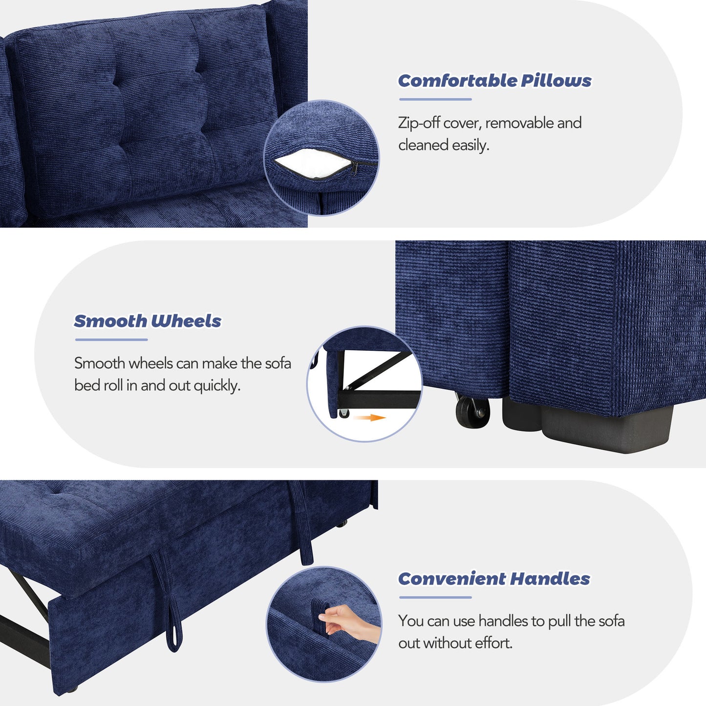 Convertible Navy Blue L-Shape Sleeper Sofa with USB Ports and Power Sockets