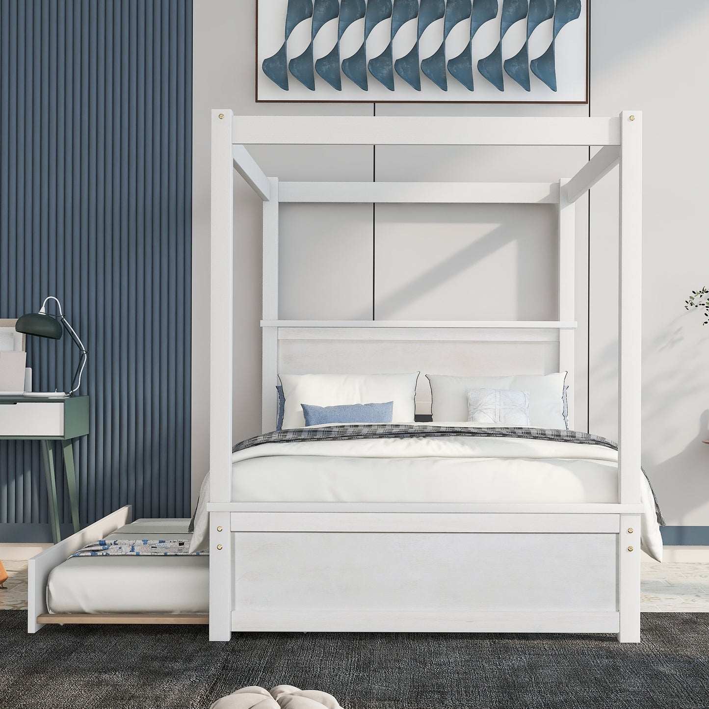 Wood Canopy Bed with Trundle Bed ,Full Size Canopy Platform bed With  Support Slats .No Box Spring Needed, Brushed White