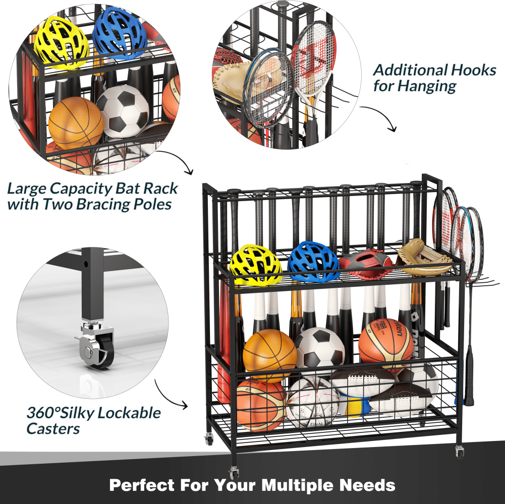 Sports Equipment Organizer, Basketball Storage Rack, Sports Organizer Cart with Basket and Hooks