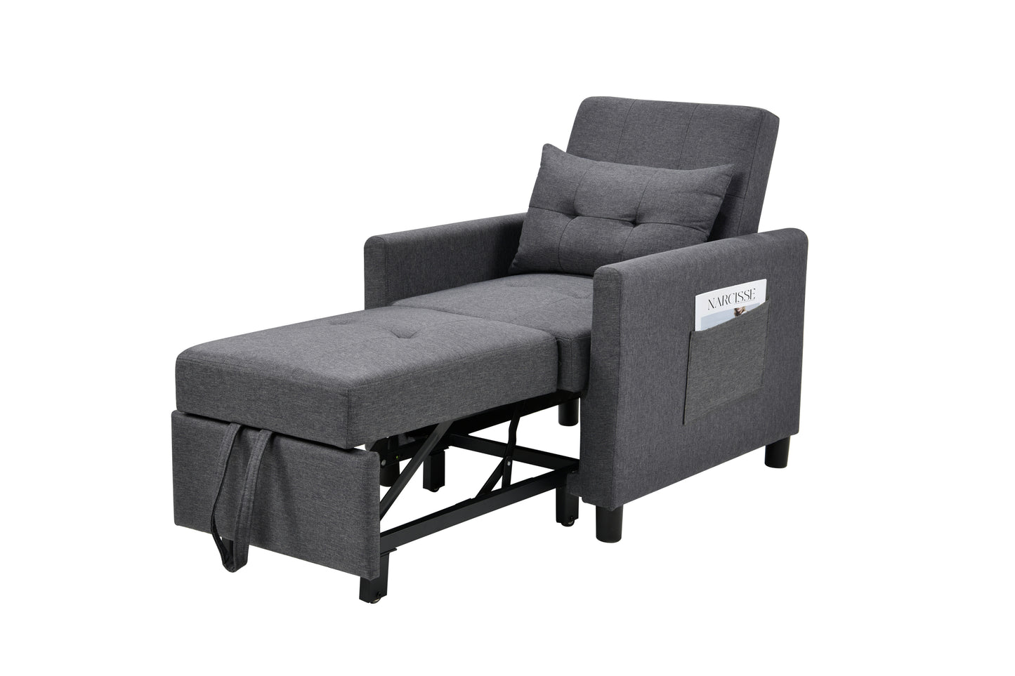 Single Sofa Bed with Pullout Sleeper, Convertible Folding Futon Chair, Lounge Chair Set with 1pc Lumbar pillow, Drak Gray color fabric