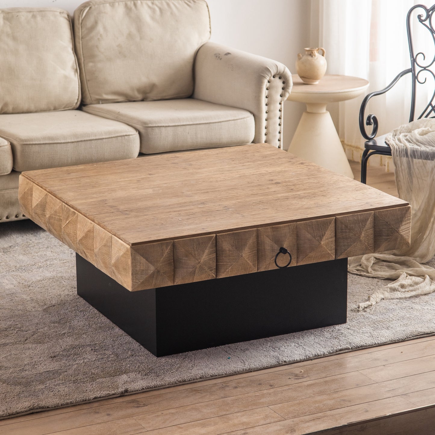 Retro Fir Wood Coffee Table with 3D Embossed Pattern and 2 Drawers