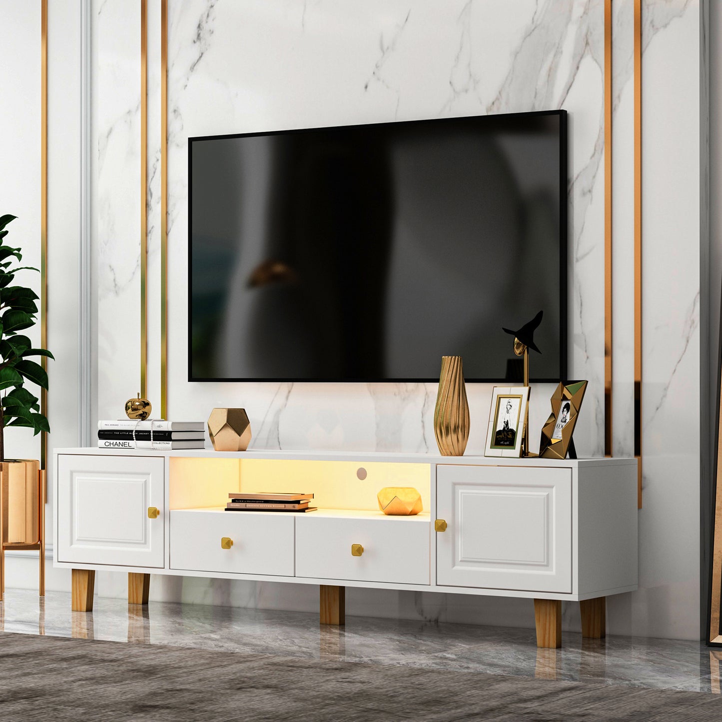 White LED TV Stand with Drawers and Open Grid Storage for TVs up to 65 inches