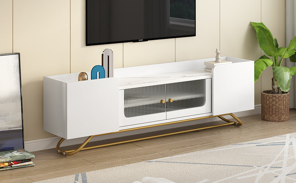 Contemporary White TV Stand with Fluted Glass Doors, Faux Marble Top, and Gold Metal Accents