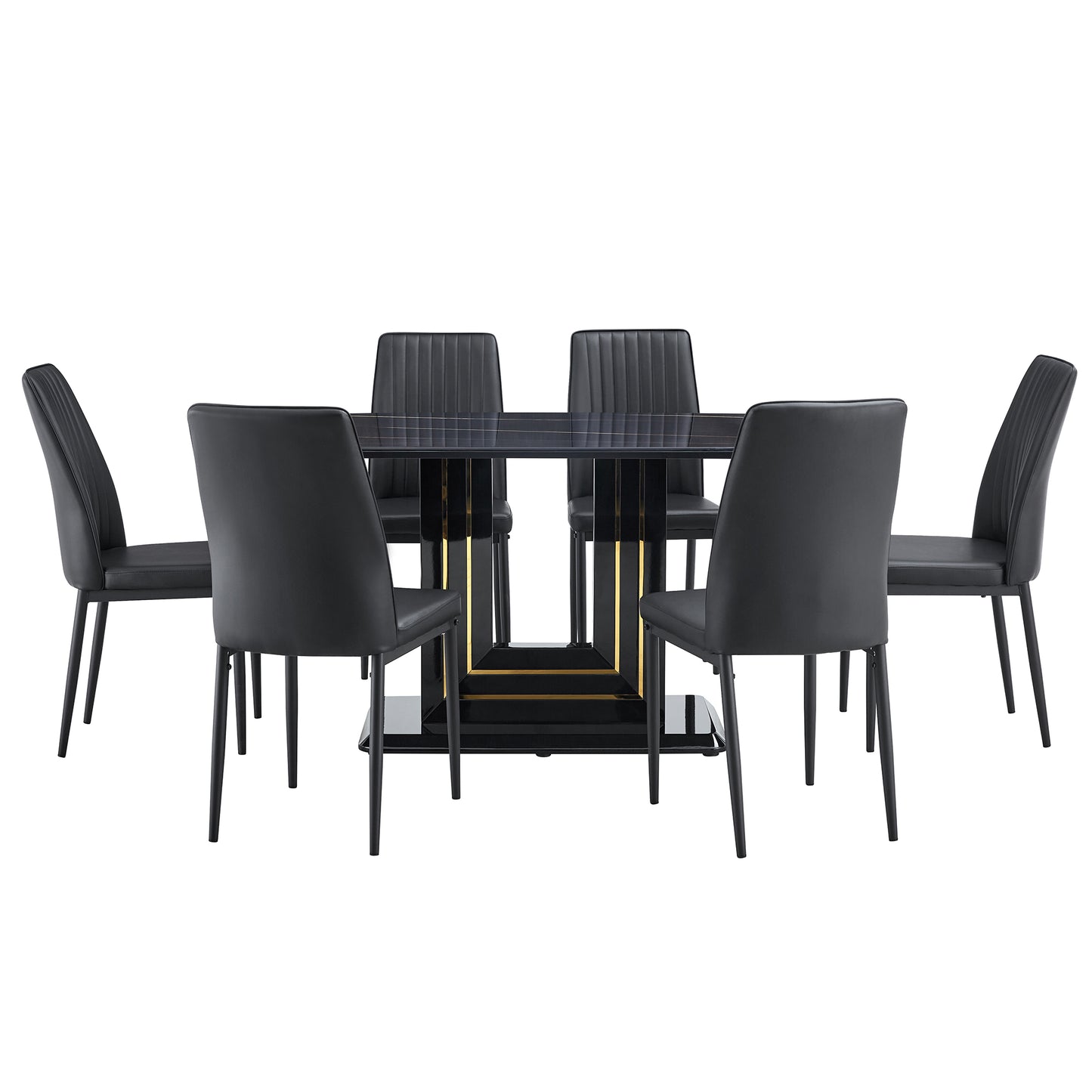 7-Piece Faux Marble Dining Table Set, Glass Rectangular Kitchen Table for 6-8, Modern Black Faux Marble Dining Room Table with MDF Base, Dining Table & 6 Chairs